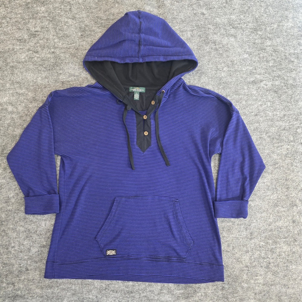 Lauren Jeans‎ Co Ralph Lauren Large Purple Black Stripe Hooded Henley 3/4 Sleeve